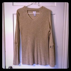 Tan Sweater. Zipper accents on elbows.